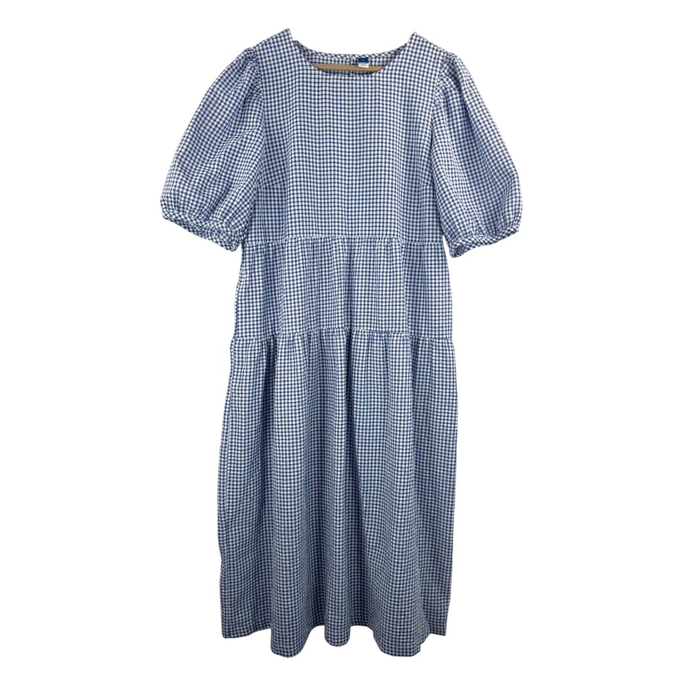 Old Navy Gingham‎ Puff Sleeve Tiered Midi Dress Women Size L Blue White - Picture 2 of 10